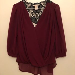 Sheer Burgundy Blouse with Leather Detail